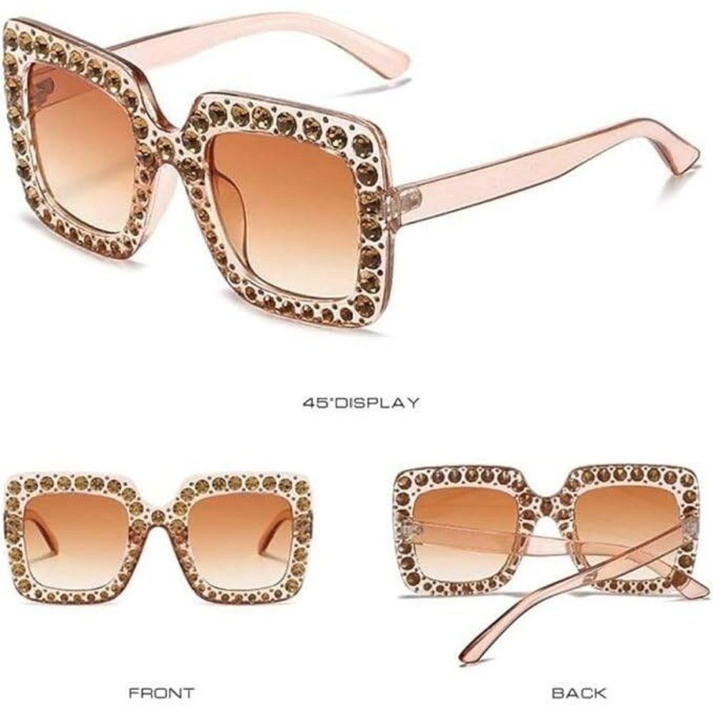Rhinestone rystal Studded Rim Oversized Square Sunglasses Brown Lens‎ Trendy New